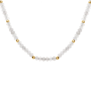 COLLIER AGATE BLANCHE VÉRITABLE ET BOULES FACETÉS ACIER DORÉ 38+5CM