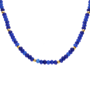 COLLIER AGATE BLEUE VÉRITABLE ET BOULES FACETÉS ACIER DORÉ 38+5CM