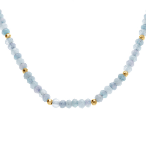 COLLIER AGATE BLEU CIEL VÉRITABLE ET BOULES FACETÉS ACIER DORÉ  38+5CM