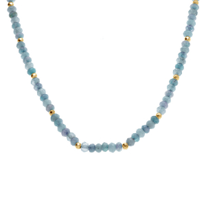 COLLIER AGATE BLEU CIEL VÉRITABLE ET BOULES FACETÉS ACIER DORÉ  38+5CM