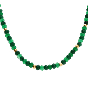 COLLIER JADE ET AGATE VERTE VÉRITABLE  ET BOULES ACIER DORÉ 38+5CM