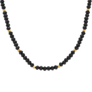 COLLIER AGATE NOIRE VÉRITABLE ET BOULES ACIER DORÉ 38+5CM