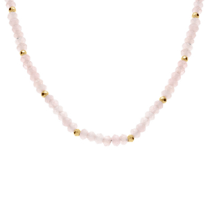 COLLIER QUARTZ ROSE VÉRITABLE ET BOULES ACIER DORÉ  38+5CM
