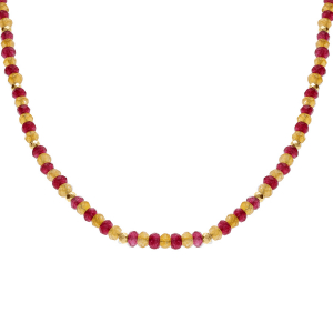 COLLIER JADE JAUNE ET AGATE ORANGE VÉRITABLE ET BOULES ACIER DORÉ 38+5CM