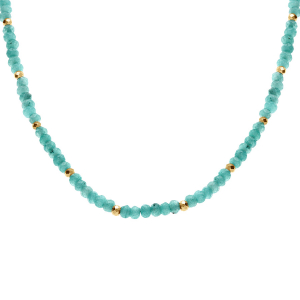 COLLIER JADE BLEUE VÉRITABLE ET BOULES ACIER DORÉ  38+5CM