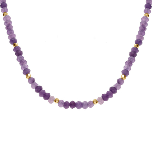 COLLIER AMETHYSTE VÉRITABLE ET BOULES ACIER DORÉ  38+5CM