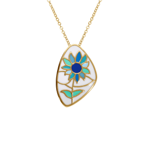 COLLIER ACIER DORÉ JAUNE STELLA MIA  RÉSINE BLANCHE ET BLEU 45+10CM