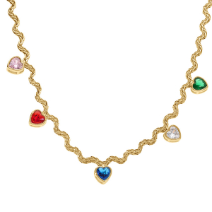 COLLIER ACIER DORÉ MAILLE CORDE RIGIDE AVEC COEURS OXYDES MULTI COULEURS 41+5CM