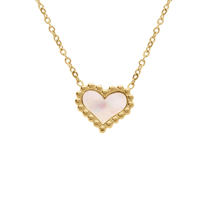 COLLIER ACIER DORÉ COEUR AVEC NACRE BLANCHE 40+6CM