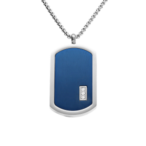 COLLIER ACIER PENDENTIF RECTANGULAIRE PVD BLEU 30 X 17MM  PANS ARRONDI AVEC 3 OXYDES BLANCS 50+5CM