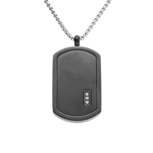 COLLIER ACIER PENDENTIF RECTANGULAIRE PVD NOIR 30 X 17MM  PANS ARRONDI AVEC 3 OXYDES BLANCS 50+5CM