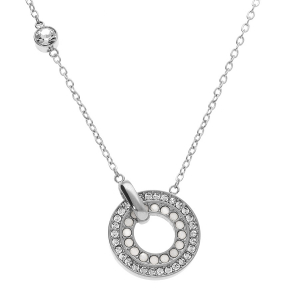 COLLIER ACIER RONDELLE CONTOUR OXYDES BLANCS SERTIS ET OPALES BLANCHES IMITATION A L'INTERIEUR 40+5CM