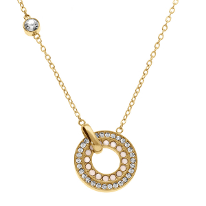 COLLIER ACIER DORÉ RONDELLE OXYDES BLANCS SERTIS ET OPALES BLANCHES IMITATION A L'INTERIEUR 40+5CM