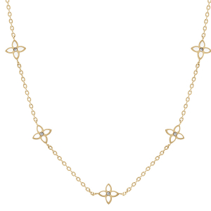 COLLIER ACIER DORÉ  FLEURS RÉSINE BLANCHE 40+5CM