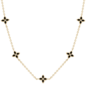 COLLIER ACIER DORÉ  FLEURS RÉSINE NOIRE 40+5CM