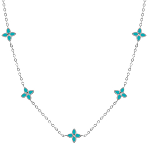 COLLIER ACIER FLEURS RÉSINE TURQUOISE  40+5CM