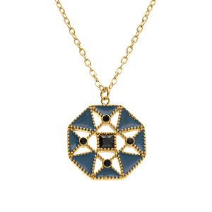 COLLIER ACIER DORÉ PENDENTIF RÉSINE BLEU ET OXYDES NOIRS  40+5CM