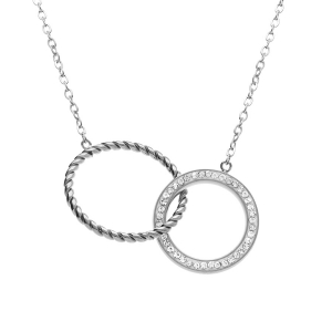 COLLIER ACIER DOUBLE CERCLE 1 TORSADE ET L'AUTRE RÉSINE BLANCHE ET STRASS 40+5CM