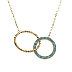 COLLIER ACIER DORÉ DOUBLE CERCLES L'UN TORSADE L'AUTRE RÉSINE ET STRASS BLEUS 40+5CM