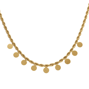 COLLIER ACIER DORÉ MAILLE CORDE PAMPILLE PASTILLES LISSES 40+5CM