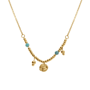 COLLIER ACIER DORÉ PAMPILLES PASTILLE LISSE ET BOULE ET 2 BOULES BLEU 40+5CM