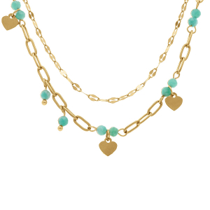 COLLIER ACIER DORÉ 2 RANGS COEURS LISSES ET AGATE BLEU 39+5CM