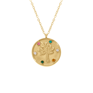 COLLIER ACIER DORÉ PENDENTIF ROND ARBRE DE VIE OXYDES MULTI COULEURS 39+5CM
