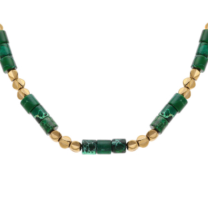 COLLIER ACIER DORÉ RONDELLES VERT 40+5CM