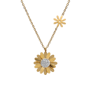 COLLIER ACIER DORÉ FLEUR AVEC STRASS BLANCS 42+5CM  (MOINS 1 PETALE , JE T'AIME)