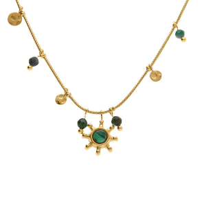 COLLIER ACIER DORÉ PAMPILLES BOULES COULEUR ET PENDENTIF SOLEIL MALACHITE VÉRITABLE 39+5CM