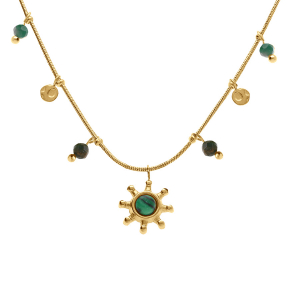 COLLIER ACIER DORÉ PAMPILLES BOULES COULEUR ET PENDENTIF SOLEIL MALACHITE VÉRITABLE 39+5CM