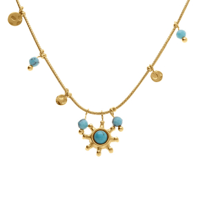 COLLIER ACIER DORÉ PAMPILLES BOULES TURQUOISE RECONSTITUÉE AVEC PENDENTIF SOLEIL 39+5CM
