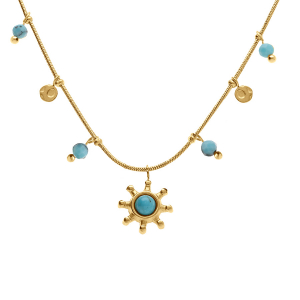 COLLIER ACIER DORÉ PAMPILLES BOULES TURQUOISE RECONSTITUÉE AVEC PENDENTIF SOLEIL 39+5CM