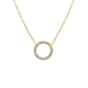 COLLIER ACIER DORÉ PENDENTIF CERCLE 15MM CONTOUR OXYDES BLANCS 40+5CM