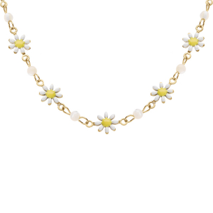 COLLIER ACIER DORÉ FLEURS RÉSINE BLANCHE ET JAUNE AVEC BOULES NACRE BLANCHE VÉRITABLE  35+5CM