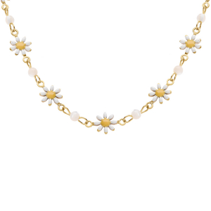 COLLIER ACIER DORÉ FLEURS RÉSINE BLANCHE ET JAUNE AVEC BOULES NACRE BLANCHE VÉRITABLE  35+5CM