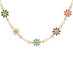 COLLIER ACIER DORÉ FLEURS RÉSINE MULTI COULEURS AVEC BOULES NACRE BLANCHE VÉRITABLE  35+5CM