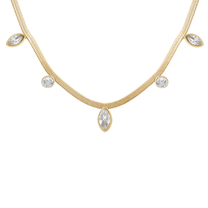 COLLIER ACIER DORÉ MAILLE PLATE PAMPILLES NAVETTES OXYDES BLANCS 41+5CM