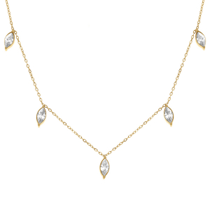 COLLIER ACIER DORÉ PAMPILLES NAVETTES OXYDES BLANCS 42+5CM