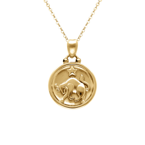 COLLIER ACIER DORÉ MEDAILLE 15MM ZODIAQUE TAUREAU RECTO VERSO CONSTELLATION  40+10CM