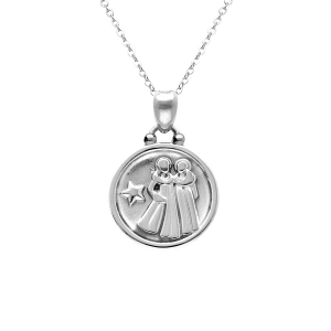 COLLIER ACIER MEDAILLE 15MM ZODIAQUE GEMEAUX RECTO VERSO CONSTELLATION  40+10CM