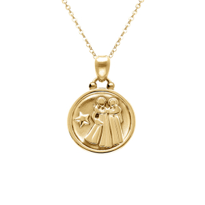 COLLIER ACIER DORÉ MEDAILLE 15MM ZODIAQUE GÉMEAUX RECTO VERSO CONSTELLATION  40+10CM