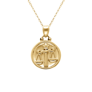 COLLIER ACIER DORÉ MEDAILLE 15MM ZODIAQUE BALANCE RECTO VERSO CONSTELLATION  40+10CM