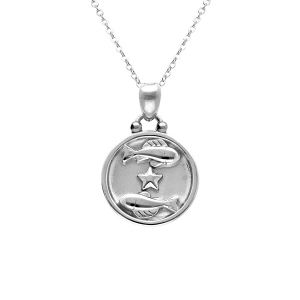 COLLIER ACIER MEDAILLE 15MM ZODIAQUE POISSONS RECTO VERSO CONSTELLATION  40+10CM