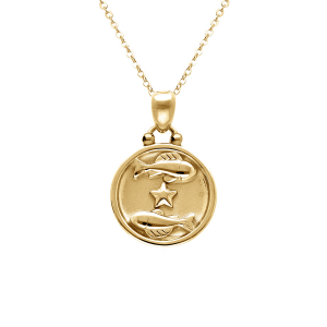 COLLIER ACIER DORÉ MEDAILLE 15MM ZODIAQUE POISSONS RECTO VERSO CONSTELLATION  40+10CM