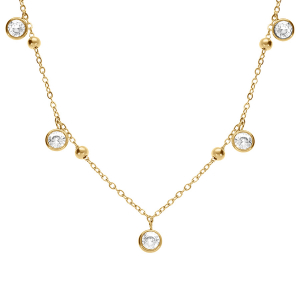 COLLIER ACIER DORÉ BOULES ET OXYDES BLANCS SERTIS 42+4CM