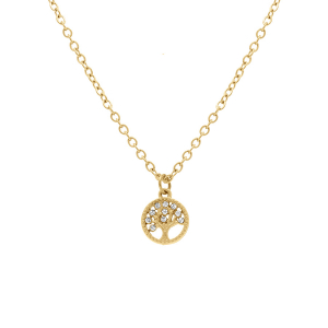 COLLIER ACIER DORÉ PENDENTIF ROND ARBRE DE VIE CONTOUR OXYDES BLANCS SERTIS 38+5CM