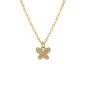 COLLIER ACIER DORÉ PENDENTIF PAPILLON OXYDES BLANCS SERTIS 38+5CM