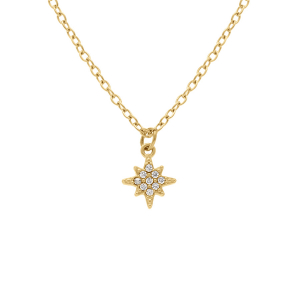 COLLIER ACIER DORÉ PENDENTIF ETOILE  OXYDES BLANCS SERTIS 38+5CM