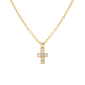 COLLIER ACIER DORÉ PENDENTIF CROIX OXYDES BLANCS SERTIS 38+5CM